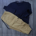 Ensemble Cargo Beige Sable + Sweat Bleu Marine