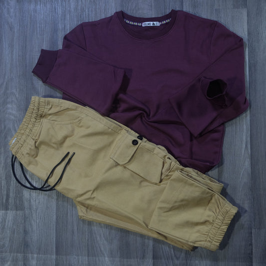 Ensemble Cargo Beige Sable + Sweat Grenat