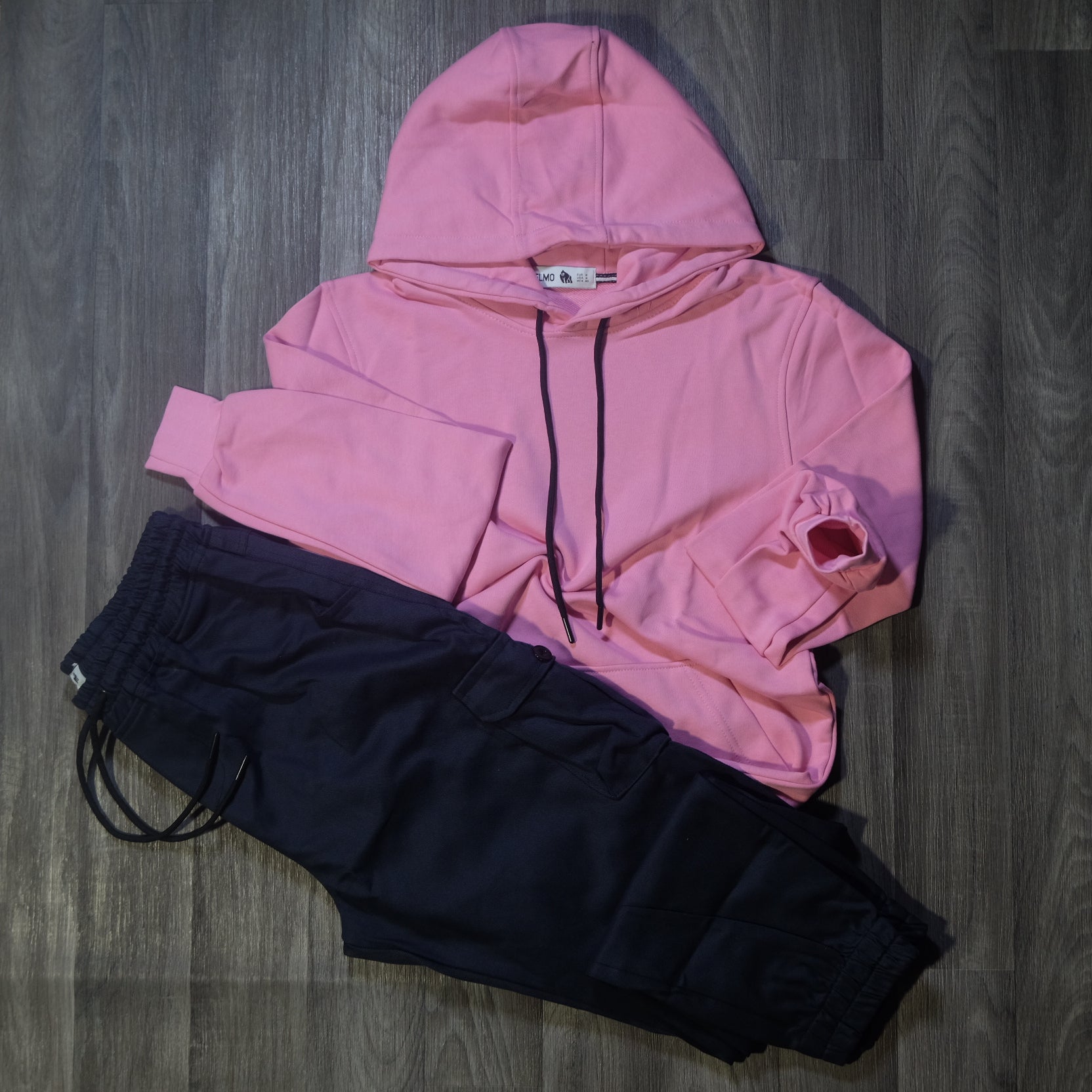 Ensemble Cargo Bleu Marine + Capuche Cotton Rose Clair
