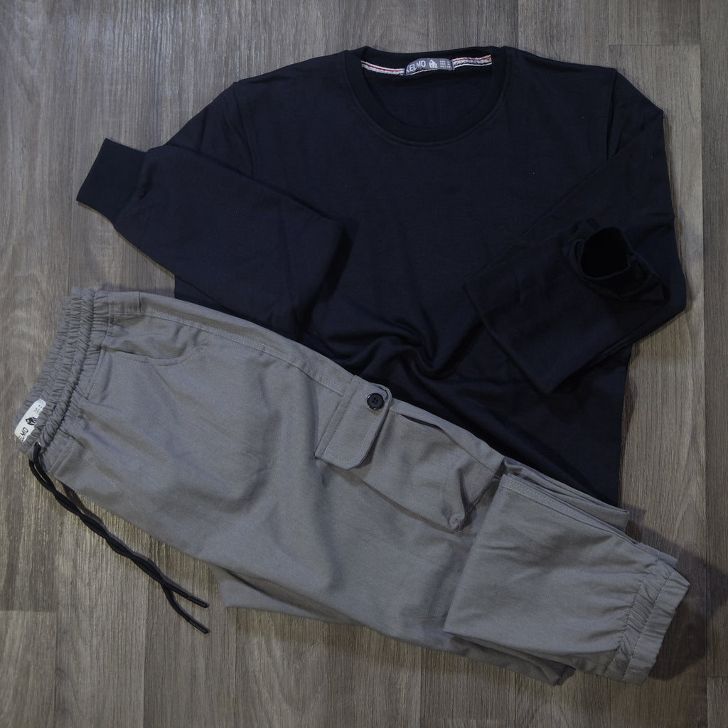 Ensemble Cargo Gris Clair + Sweat Bleu Marine