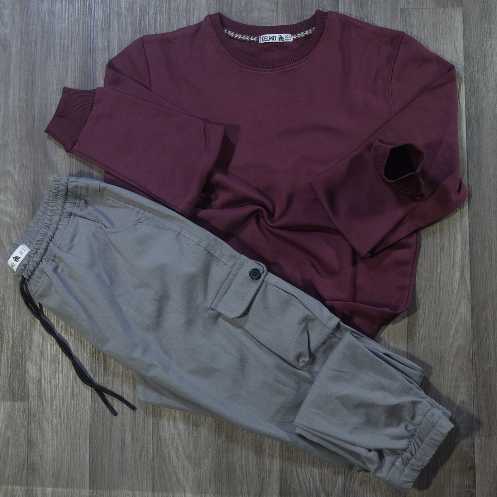 Ensemble Cargo Gris Clair + Sweat Grenat