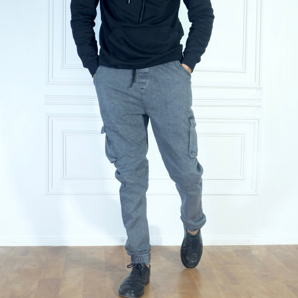 Ensemble Cargo Jeans Délavé Gris  + Capuche Cotton Vert Nil