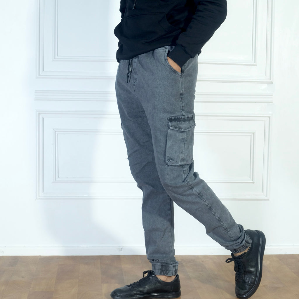 Ensemble Cargo Jeans Délavé Gris  + Capuche Cotton Vert Nil