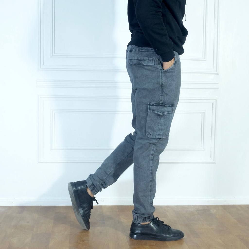 Ensemble Cargo Jeans Délavé Gris  + Capuche Cotton Vert Nil