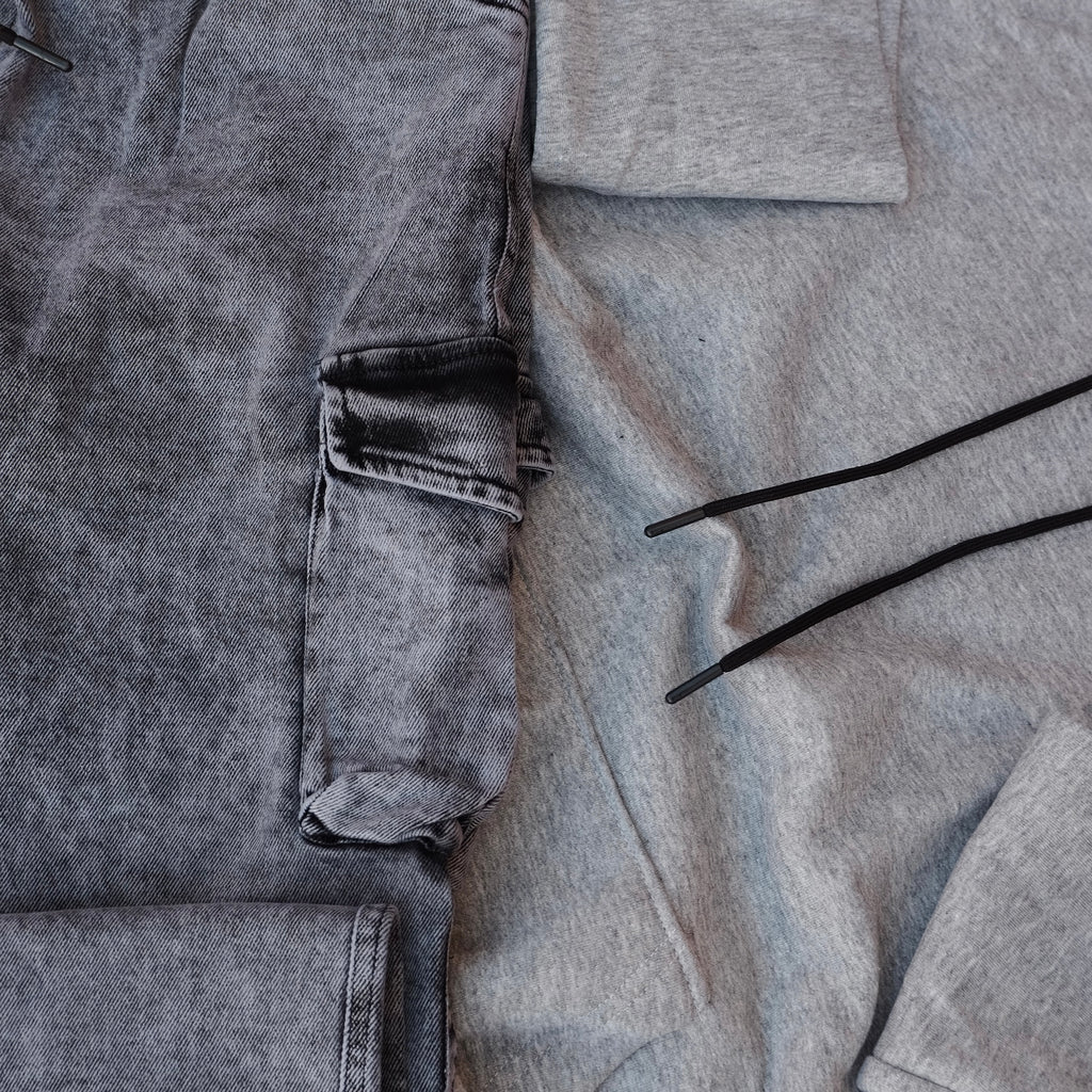 Ensemble Cargo Jeans Délavé Gris  + Capuche Cotton Gris Chine Clair