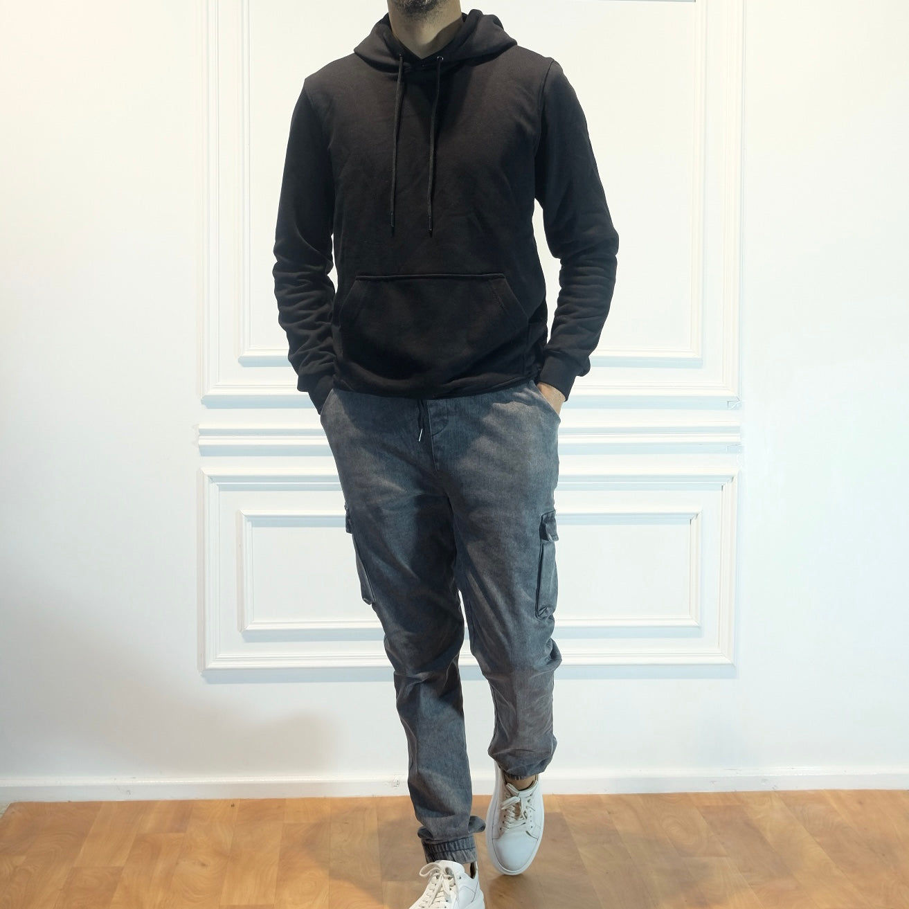 Ensemble Cargo Jeans Délavé Gris  + Capuche Cotton Noir