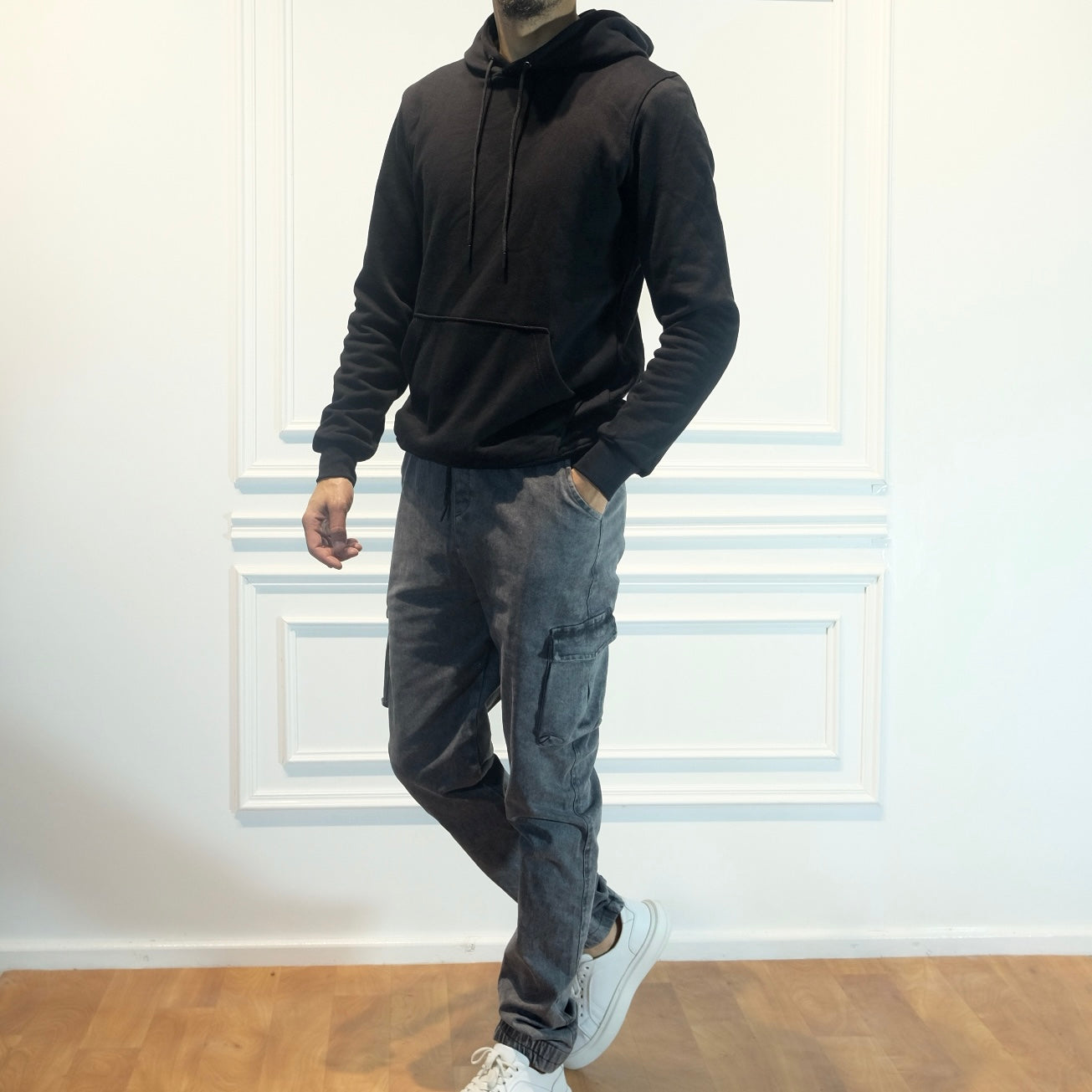 Ensemble Cargo Jeans Délavé Gris  + Capuche Cotton Noir