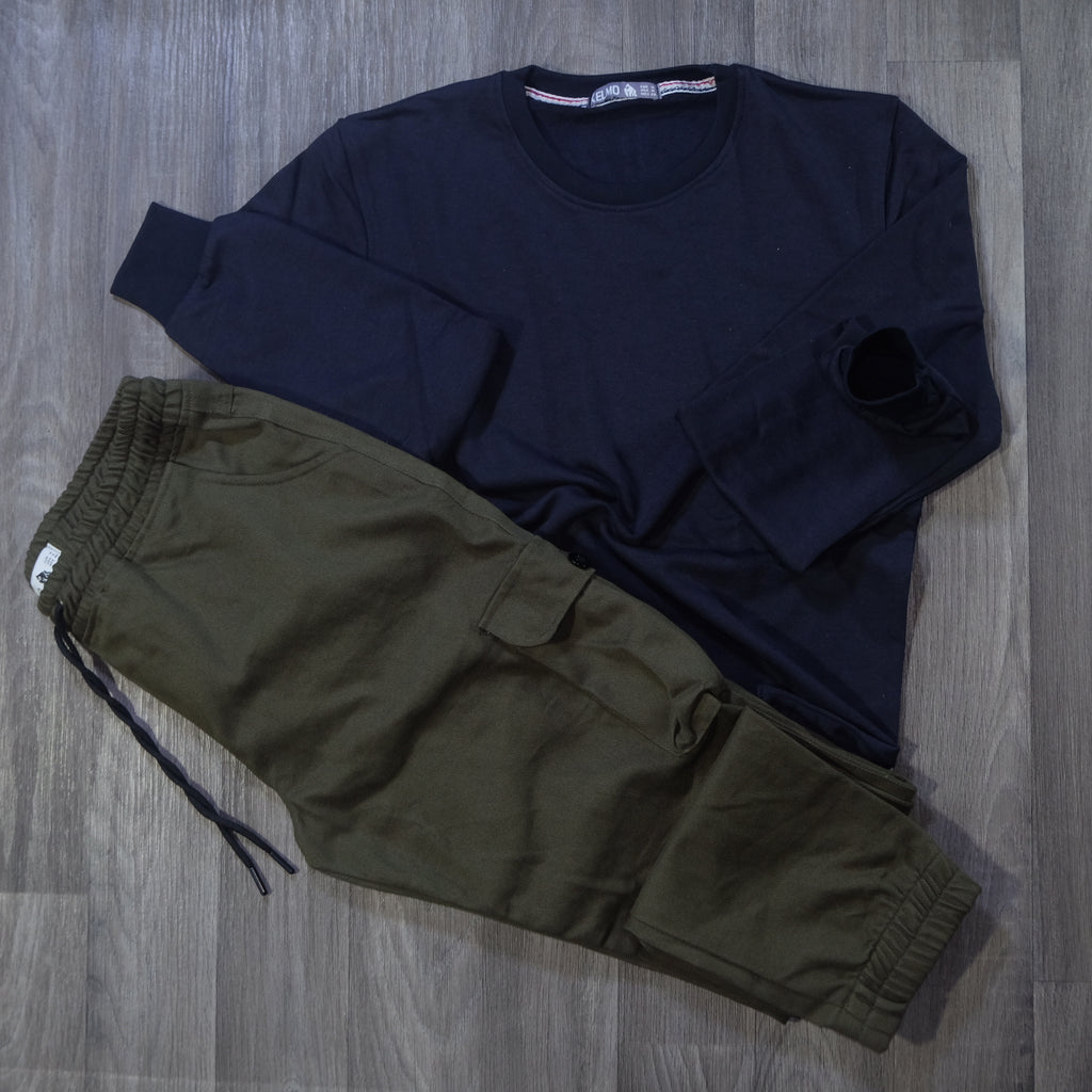 Ensemble Cargo Kaki Fonce + Sweat Bleu Marine