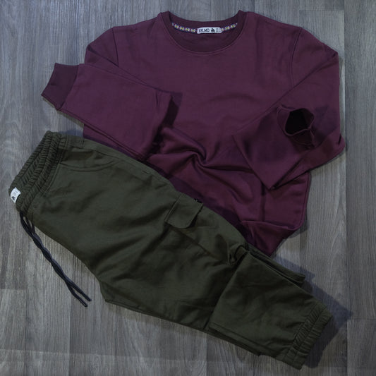 Ensemble Cargo Kaki Fonce + Sweat Grenat