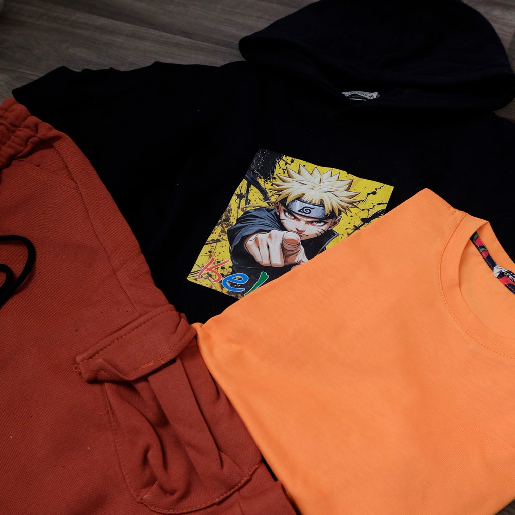 Ensemble Enfant 3 Pieces Capuche Bleu Nuit Naroto +jogging Cargo Rouge Brique+ T-Shirt  Orange