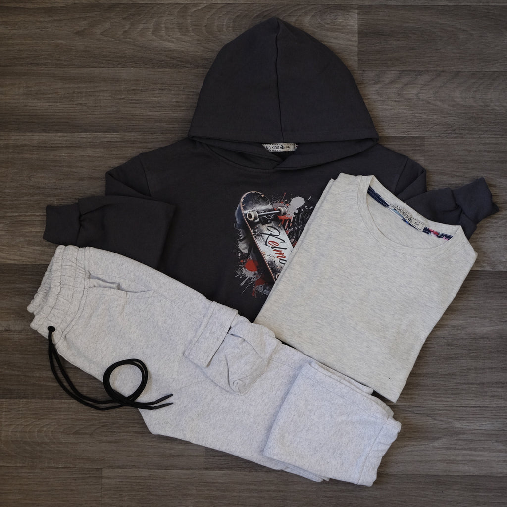 Ensemble Enfant 3 Pieces Capuche Gris Fonce sky +jogging Cargo Gris Chine + T-Shirt Gris Chine