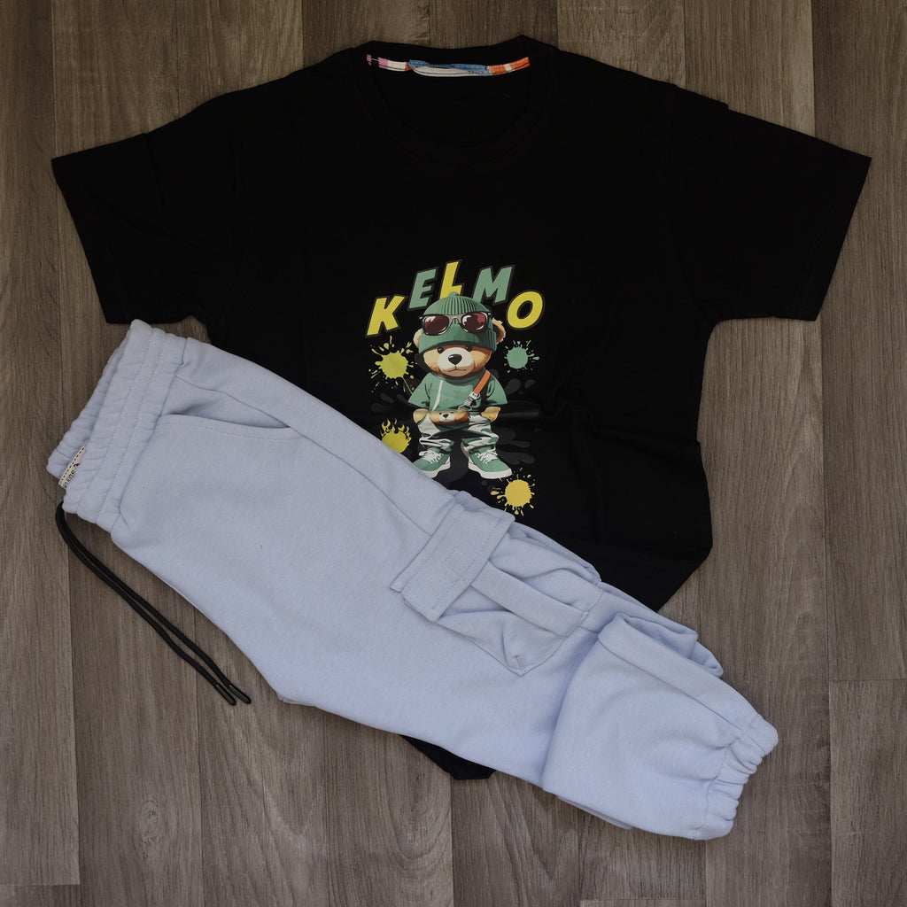 Ensemble Enfant Jogging Cargo Bleu Ciel + T-Shirt Noir