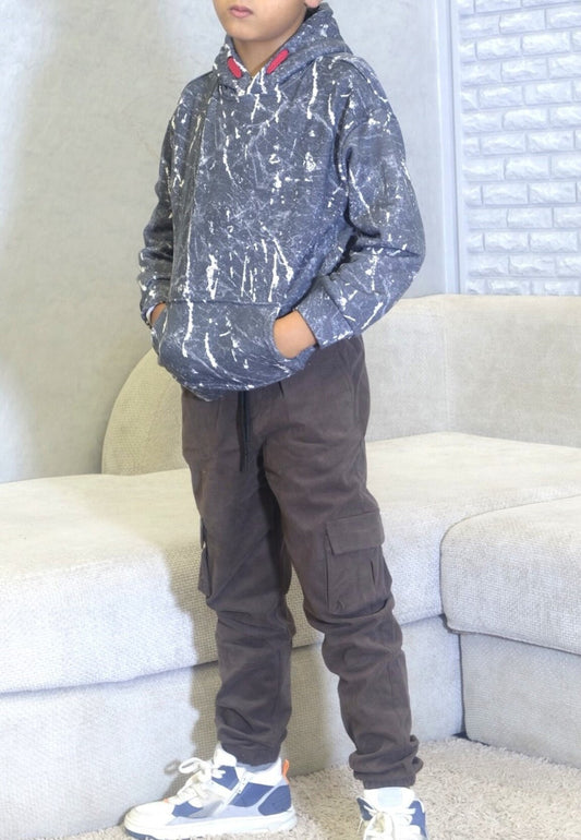 Ensemble Enfant Pantalon Cargo Marron +Sweat a Capuche Camouflage Gris Fonce