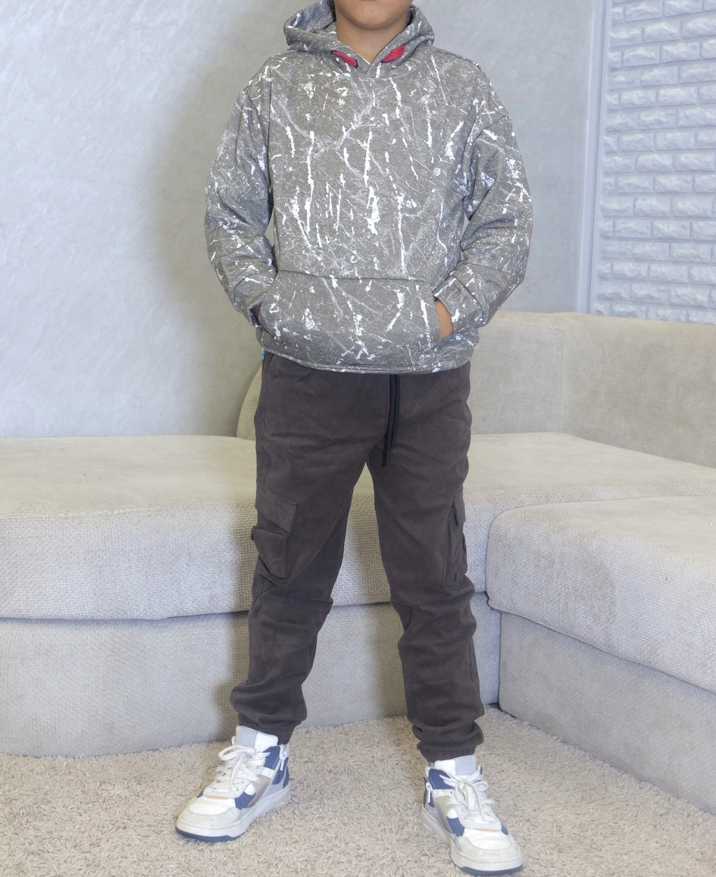 Ensemble Enfant Pantalon Cargo Marron +Sweat a Capuche Camouflage Marron