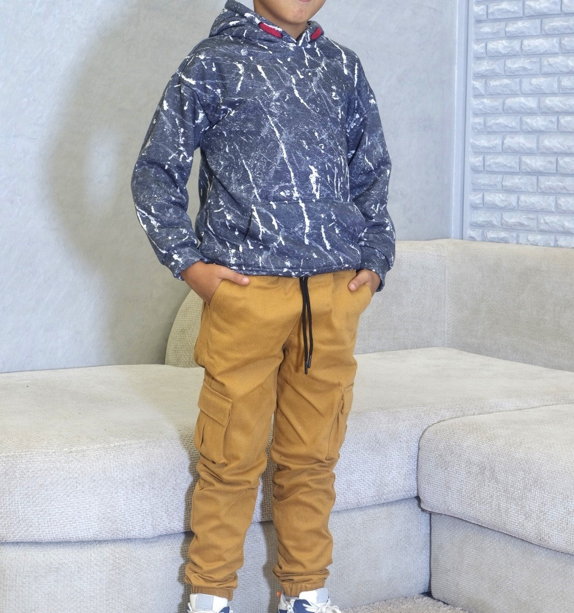 Ensemble Enfant Pantalon Cargo Motard +Sweat a Capuche Camouflage Gris Fonce