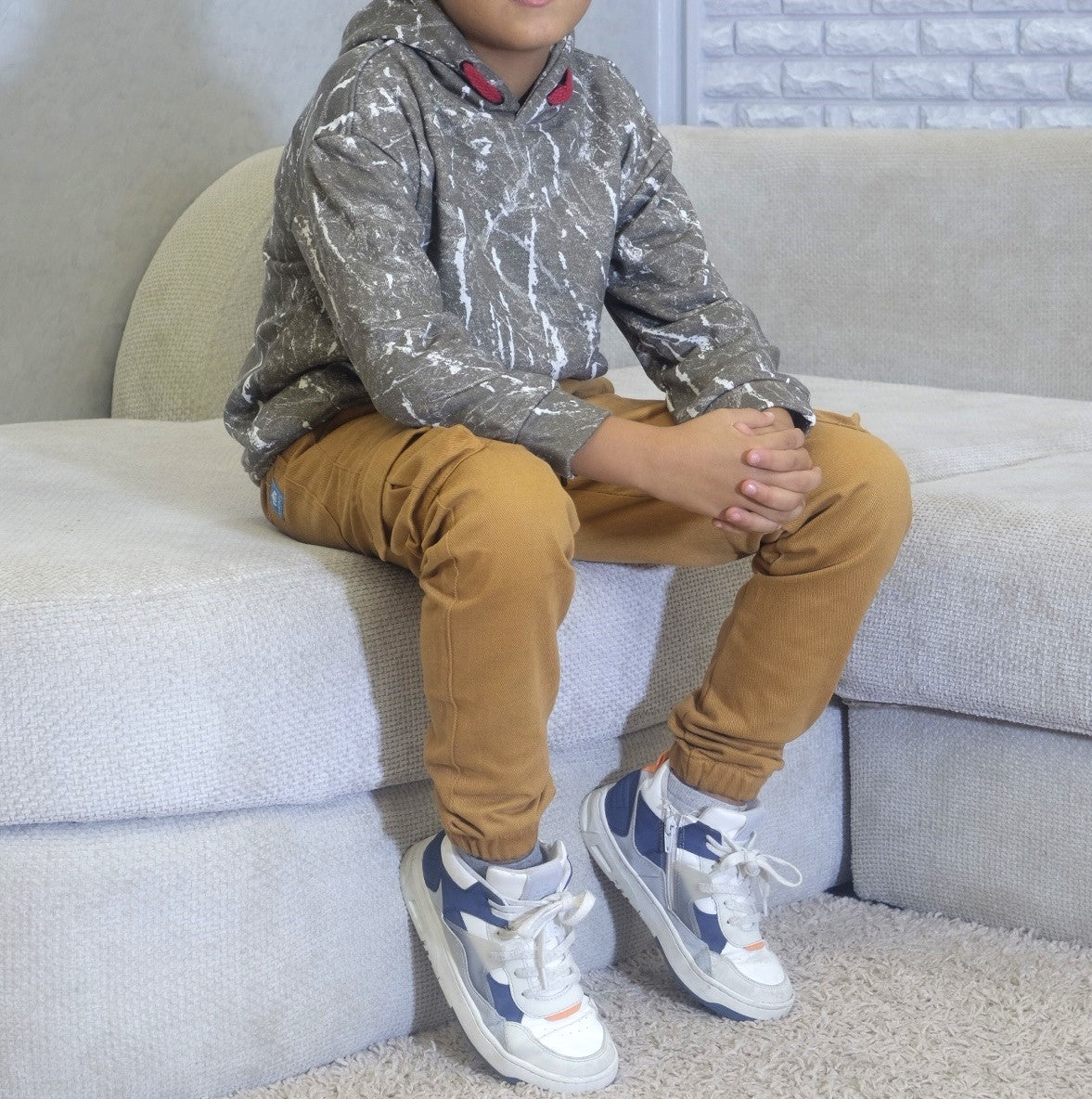 Ensemble Enfant Pantalon Cargo Motard +Sweat a Capuche Camouflage Kaki