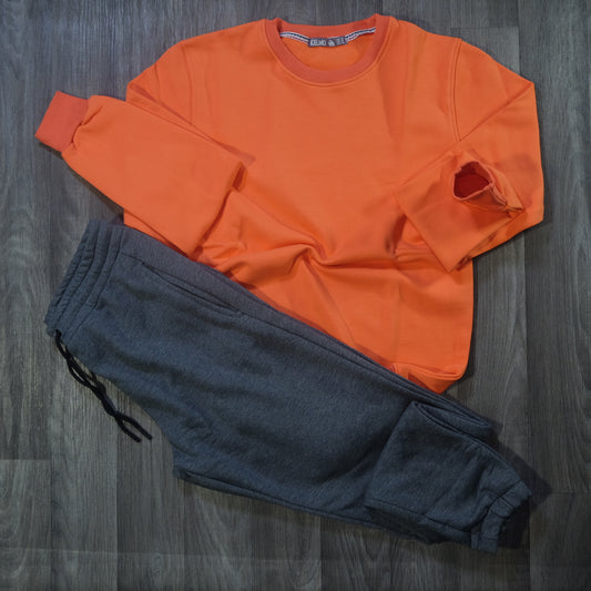 Ensemble Jogging Gris Chine Fonce + Sweat Orange