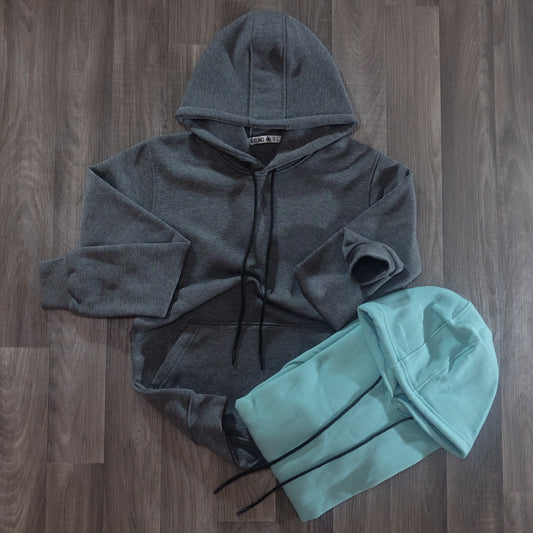 Pack 2 Sweat a Capuche Cotton Gris Chine Fonce + Vert Eau
