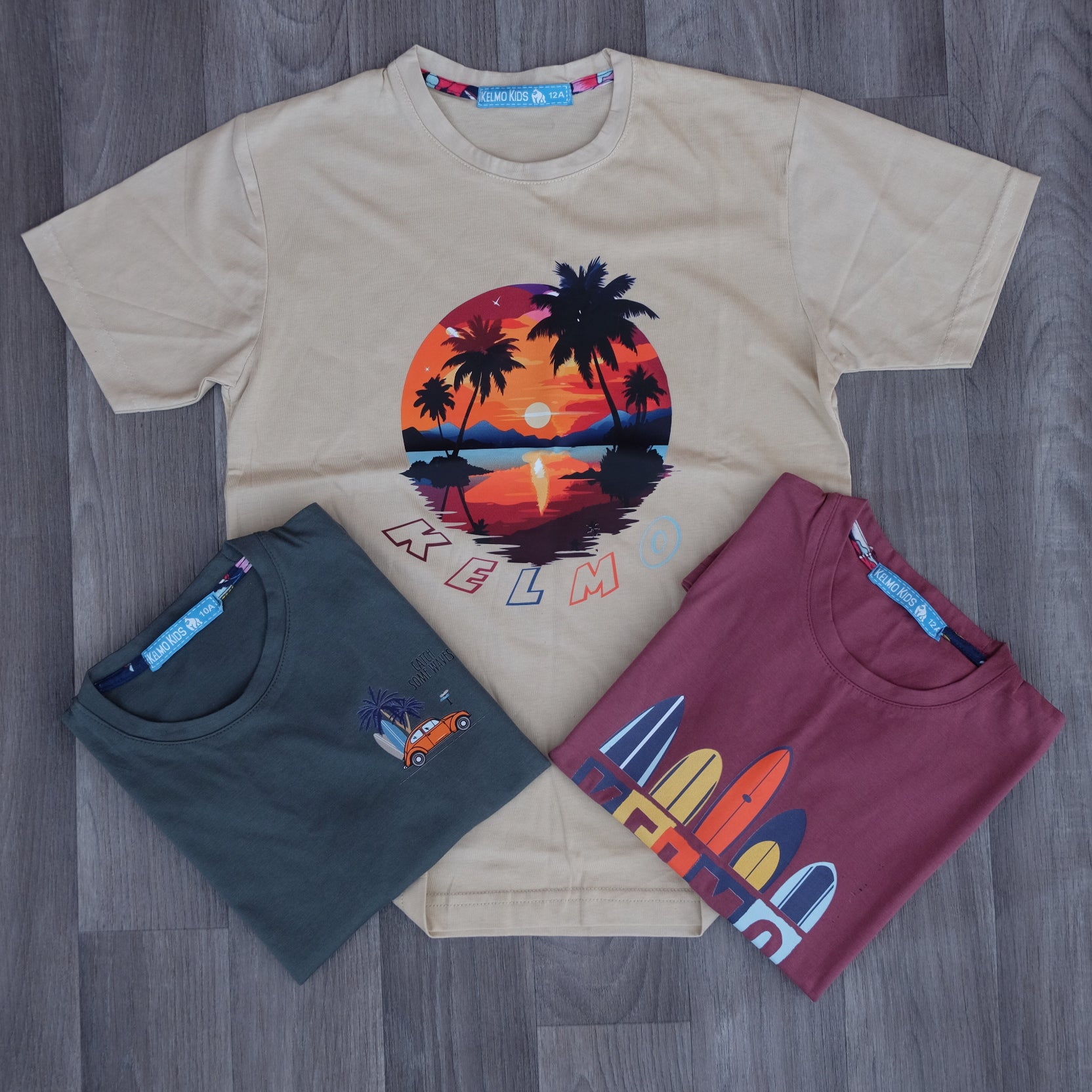 Pack 3 T-Shirt Enfant Imprimé Beige+ Vert Olive + Grenat