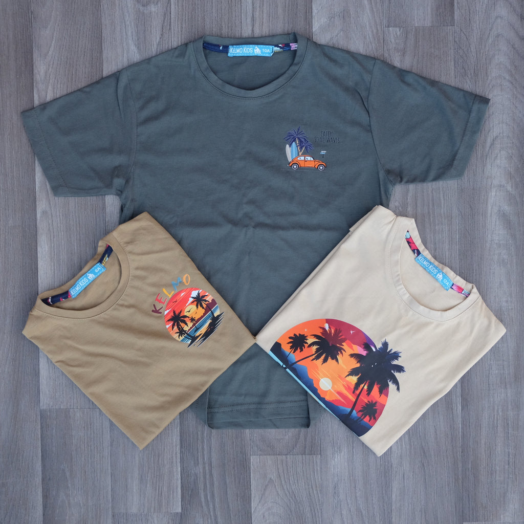 Pack 3 T-Shirt Enfant Imprimé Beige+ Vert Olive + Kaki