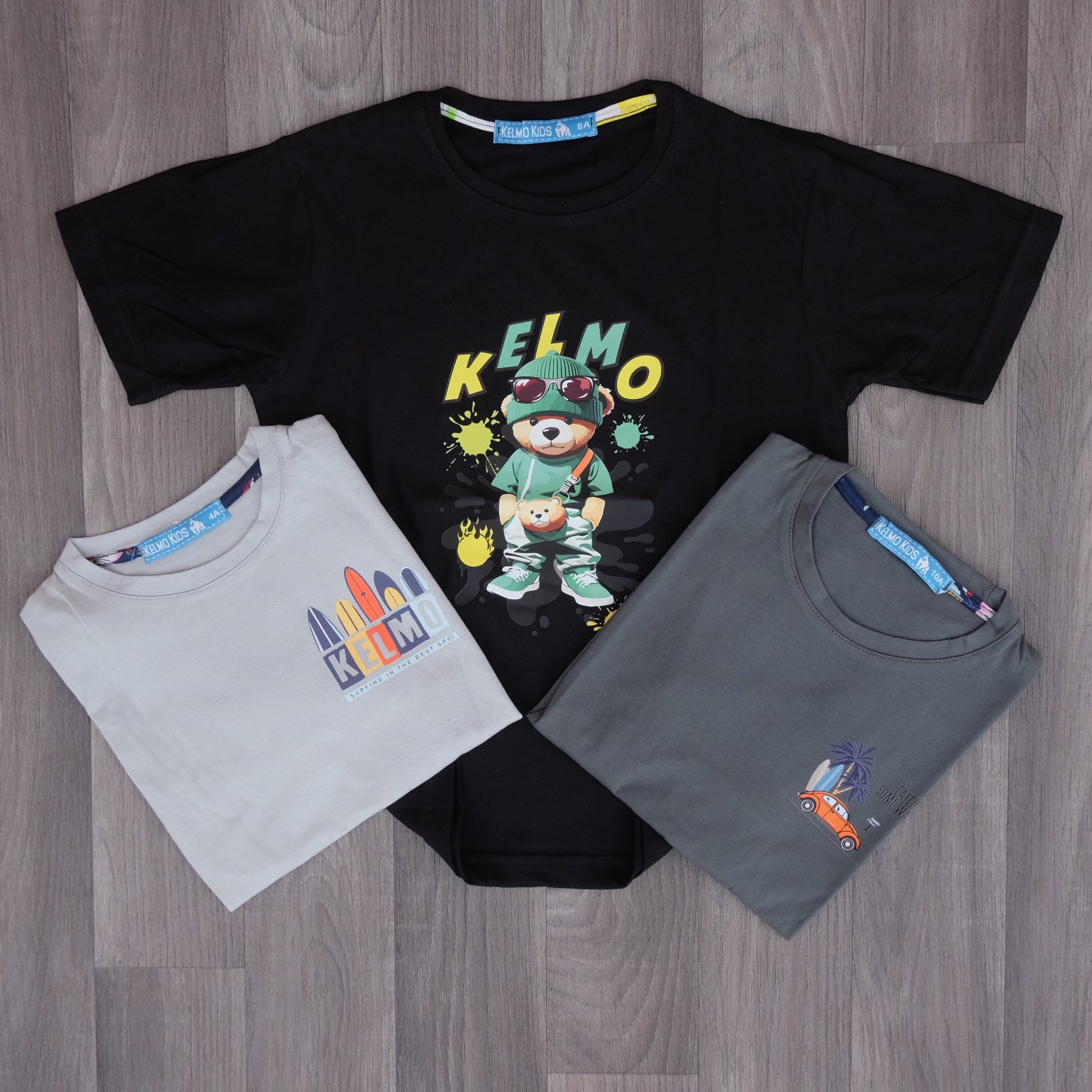 Pack 3 T-Shirt Enfant Imprimé Noir+ Vert Olive + Gris Clair