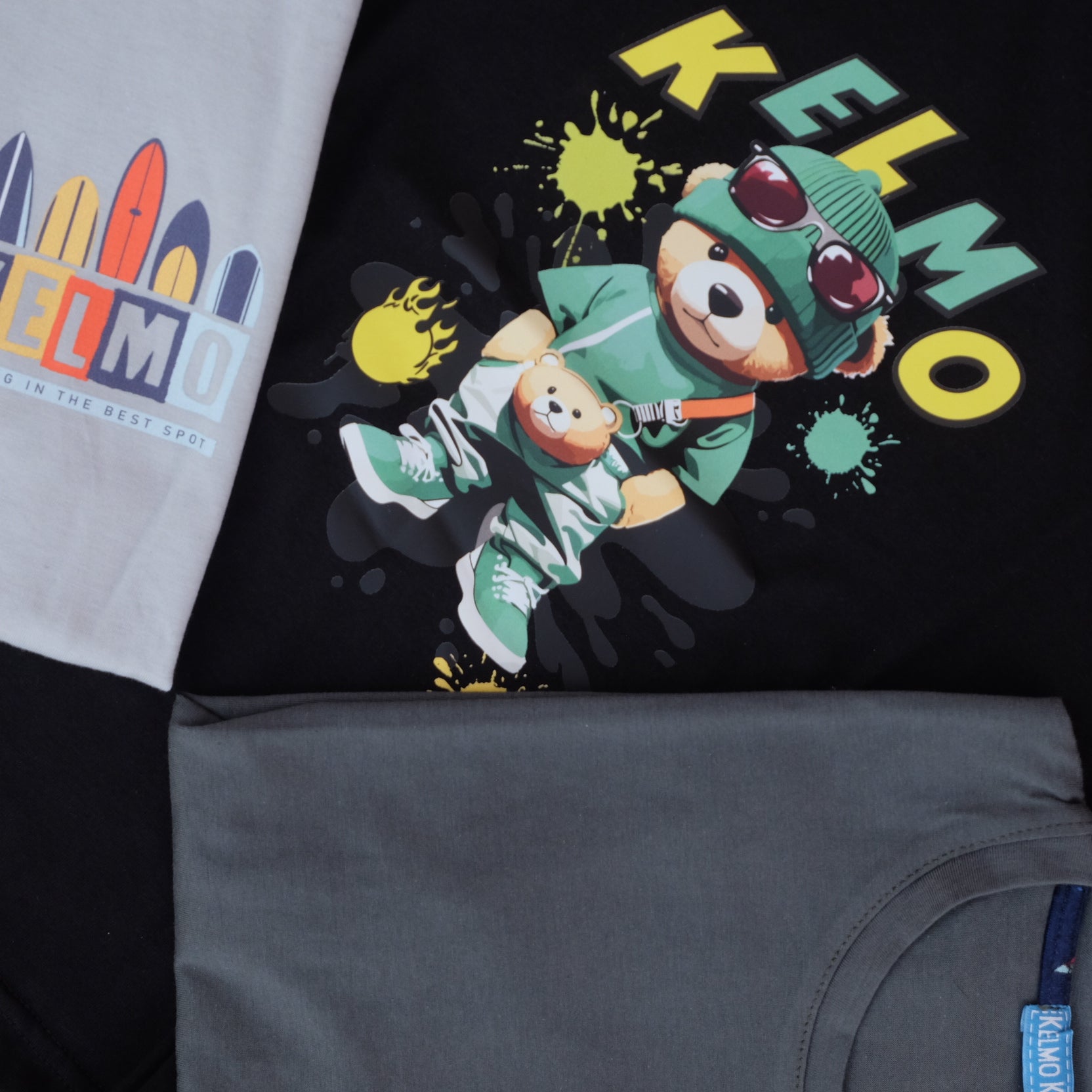 Pack 3 T-Shirt Enfant Imprimé Noir+ Vert Olive + Gris Clair