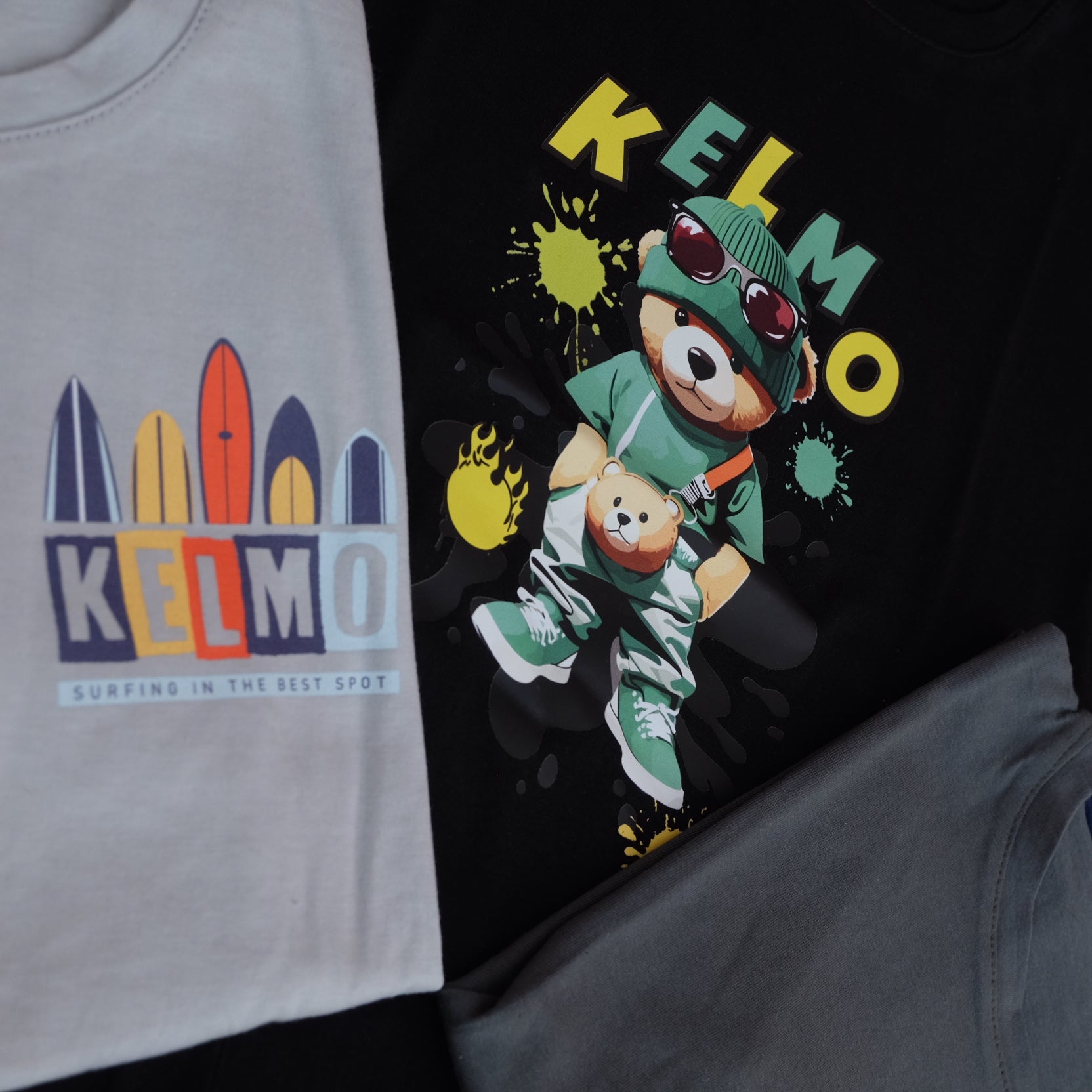 Pack 3 T-Shirt Enfant Imprimé Noir+ Vert Olive + Gris Clair