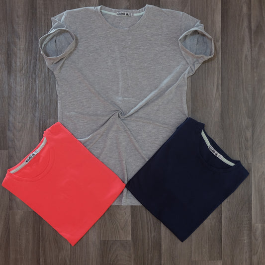 Pack 3 T-Shirt Gris Chine Clair + Rose fushia + Bleu Marine