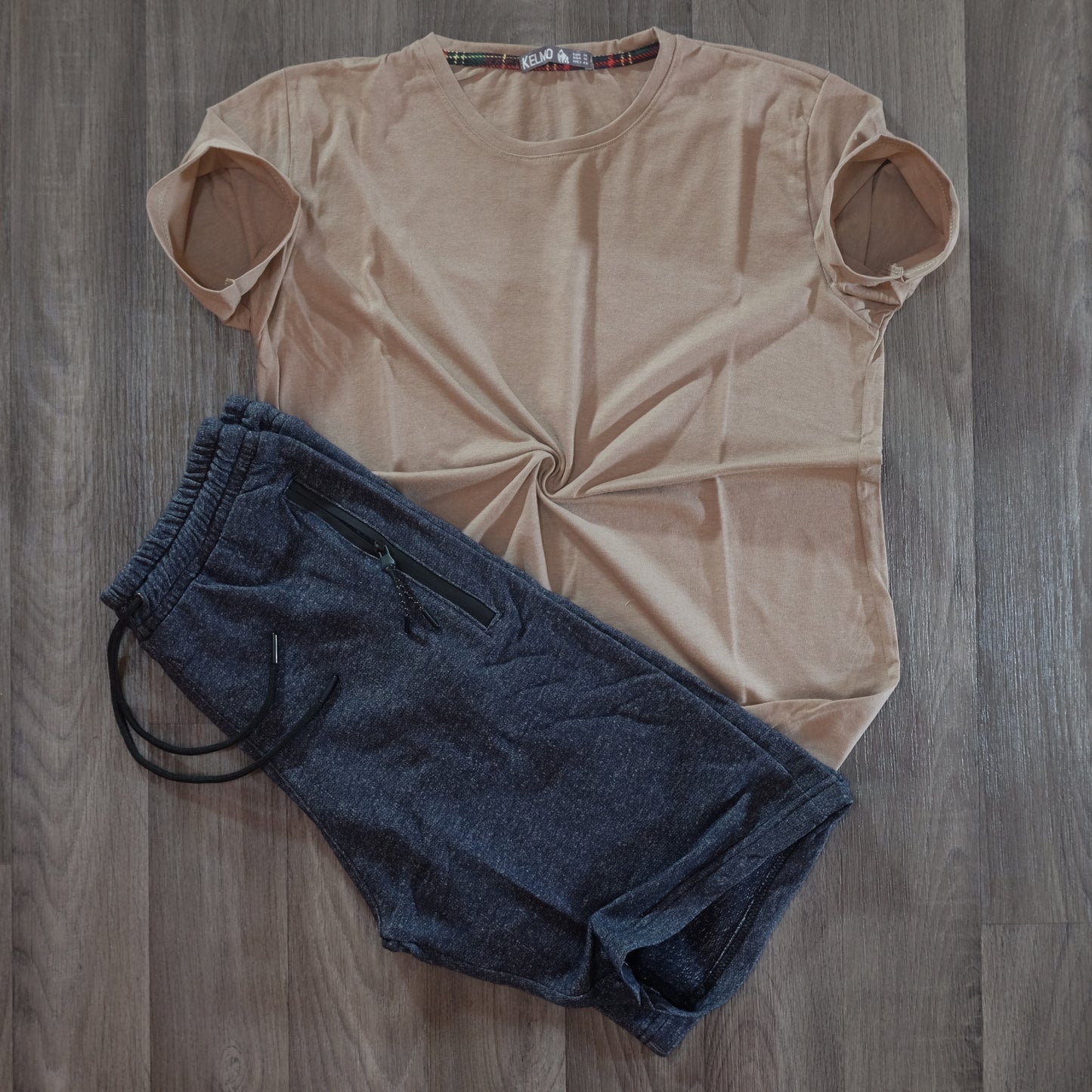 Pack Short Bleu Chine + T-Shirt Beige Caramel