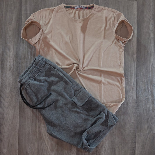 Pack Short Cargo Gris Chine Fonce + T-Shirt Beige Caramel