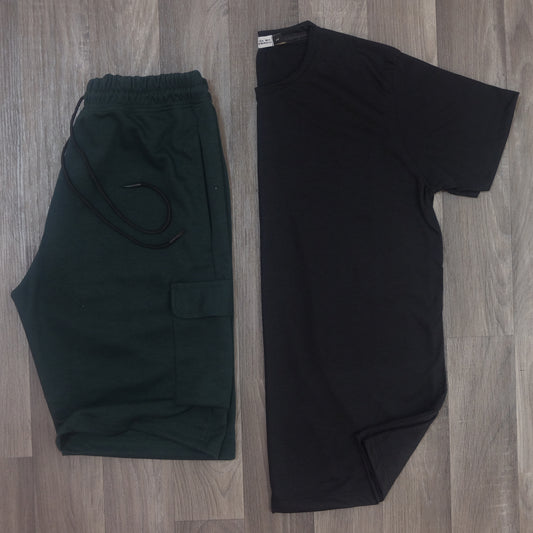 Pack Short Cargo Vert Bouteille  - T-Shirt Noir