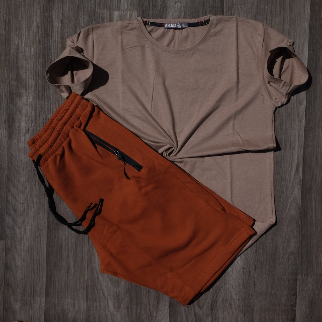 Pack Short Rouge Brique + T-Shirt Beige Fonce