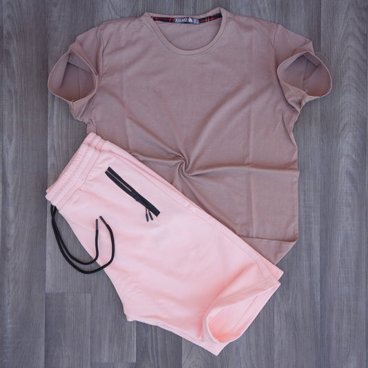 Pack Short Saumon + T-Shirt Beige Caramel