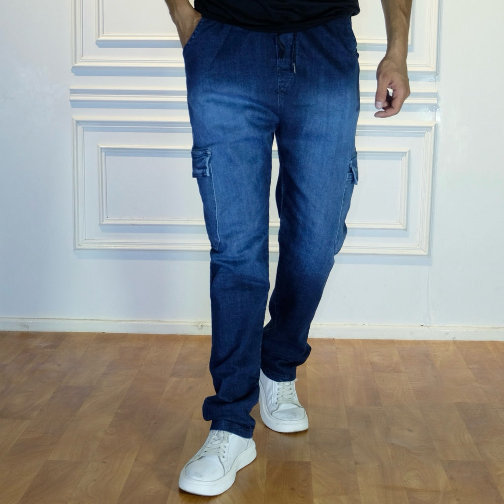 Pantalon Cargo Droit Jean Délavé Bleu