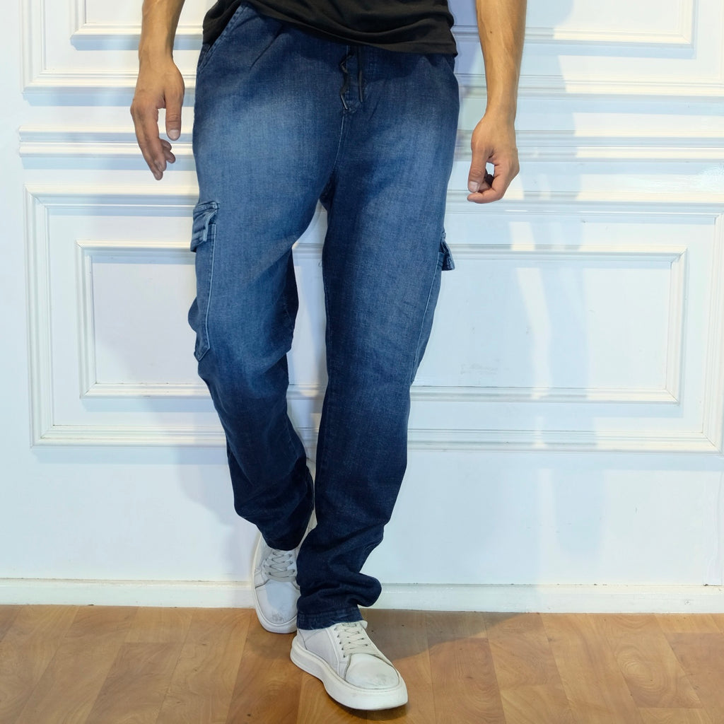 Pantalon Cargo Droit Jean Délavé Bleu