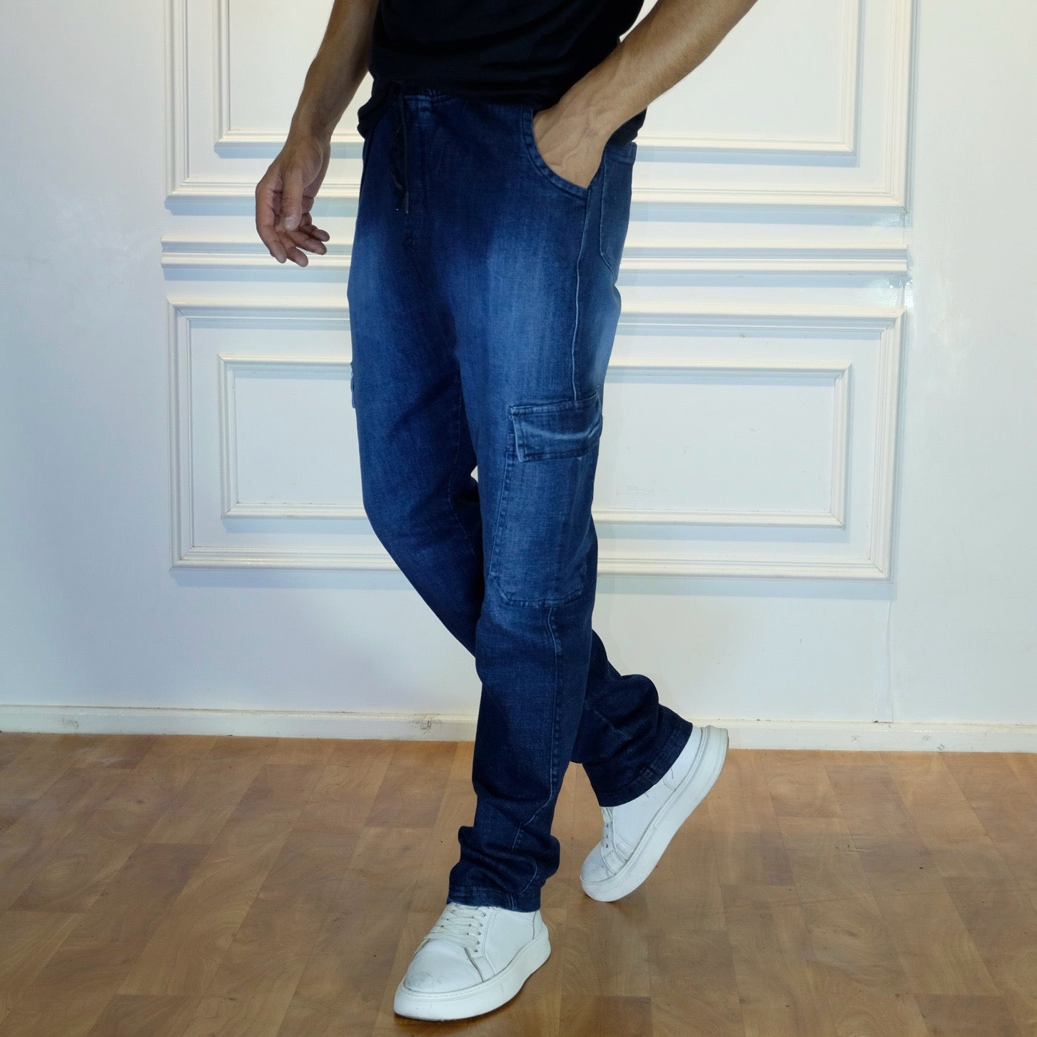 Pantalon Cargo Droit Jean Délavé Bleu