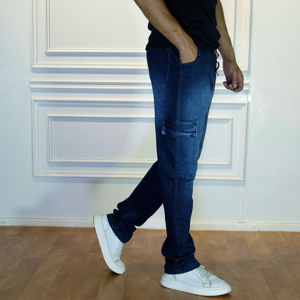 Pantalon Cargo Droit Jean Délavé Bleu