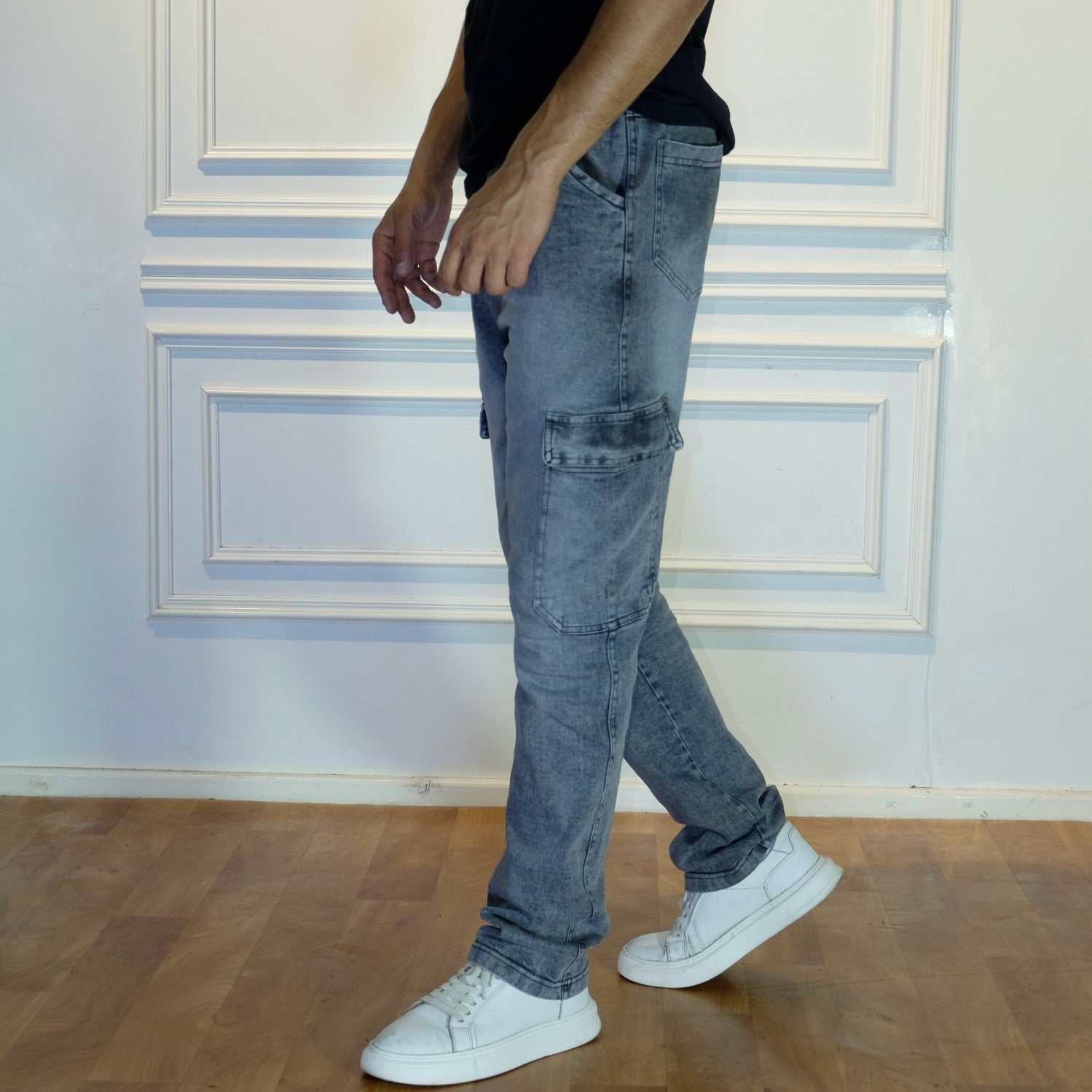 Pantalon Cargo Droit Jean Délavé Gris