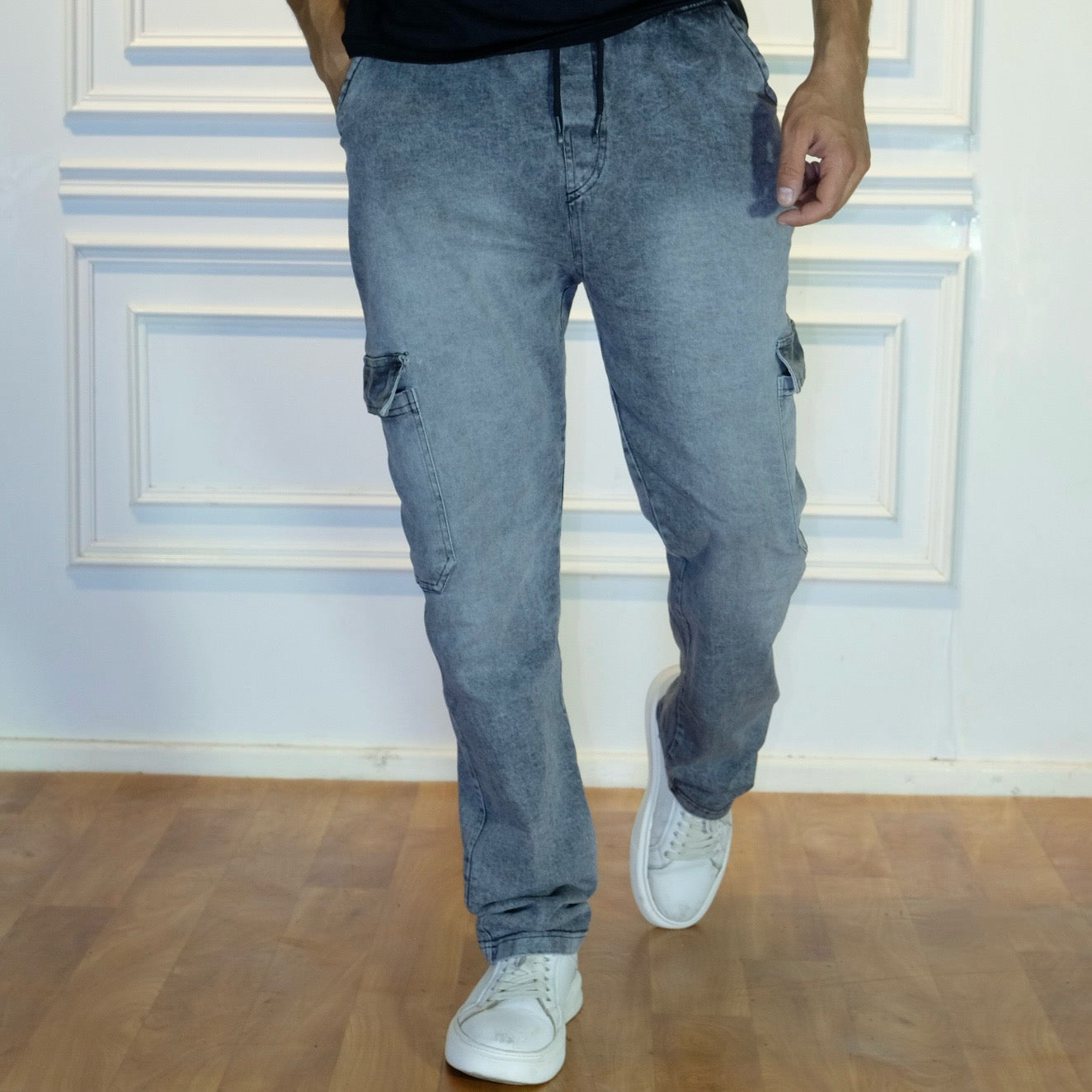 Pantalon Cargo Droit Jean Délavé Gris