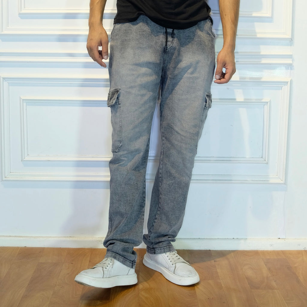 Pantalon Cargo Droit Jean Délavé Gris