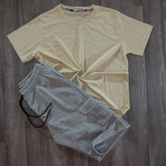 Pack Short Cargo Gris Chine Clair + T-Shirt Beige Clair