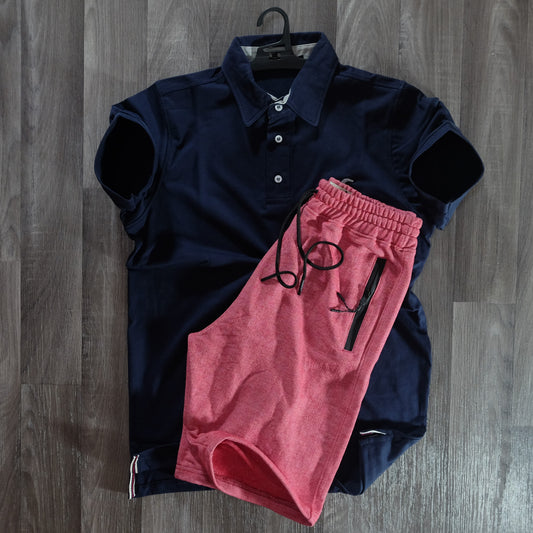 Pack Short Rouge Chine + Polo  Bleu Nuit